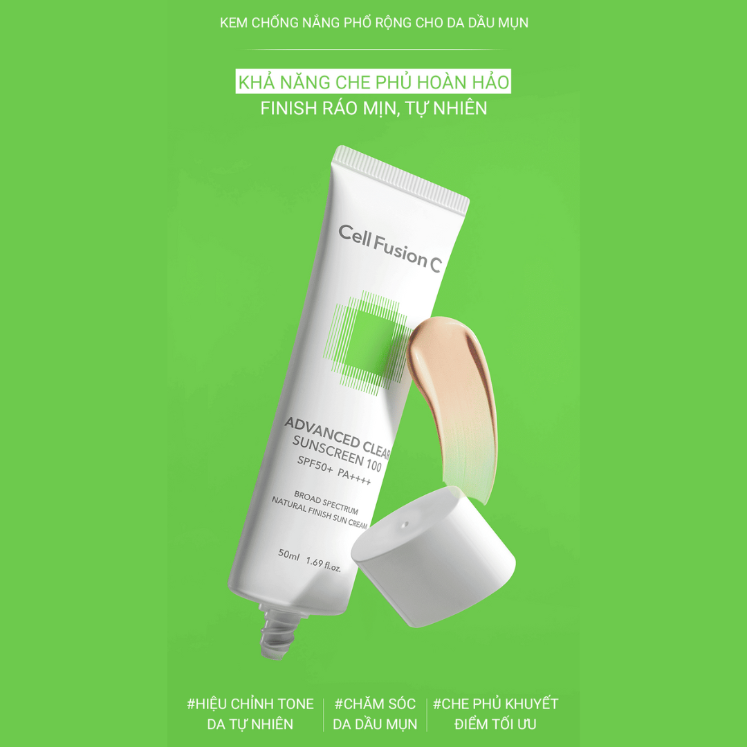 Kem chống nắng phổ rộng cho da dầu mụn Advanced Clear Sunscreen 100 SPF 50+ PA++++ Cell Fusion C 50ml