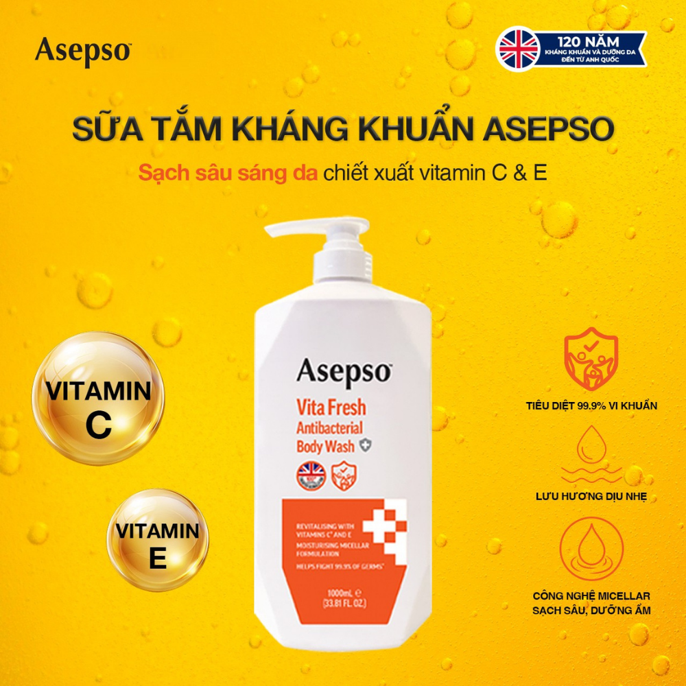 Sữa tắm kháng khuẩn ASEPSO dưỡng sáng da bổ sung Vitamin C & E 1000 ml