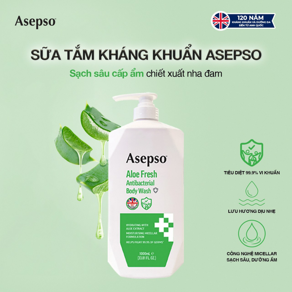 Sữa tắm kháng khuẩn ASEPSO sạch sâu tươi mát Chiết Xuất Thiên Nhiên 1000 ml