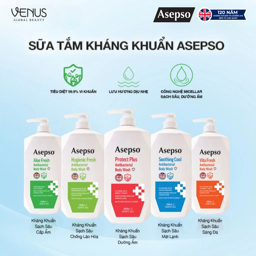 Sữa tắm kháng khuẩn ASEPSO sạch sâu tươi mát Chiết Xuất Thiên Nhiên 1000 ml