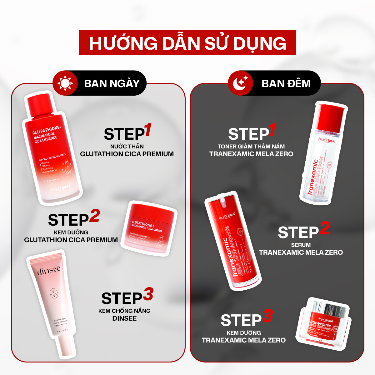 Combo Bộ 04 sản phẩm Giảm Thâm Nám và Làm Sáng Da Chuyên Biệt Angel’s Liquid Tranexamic (Toner, Serum & Kem)