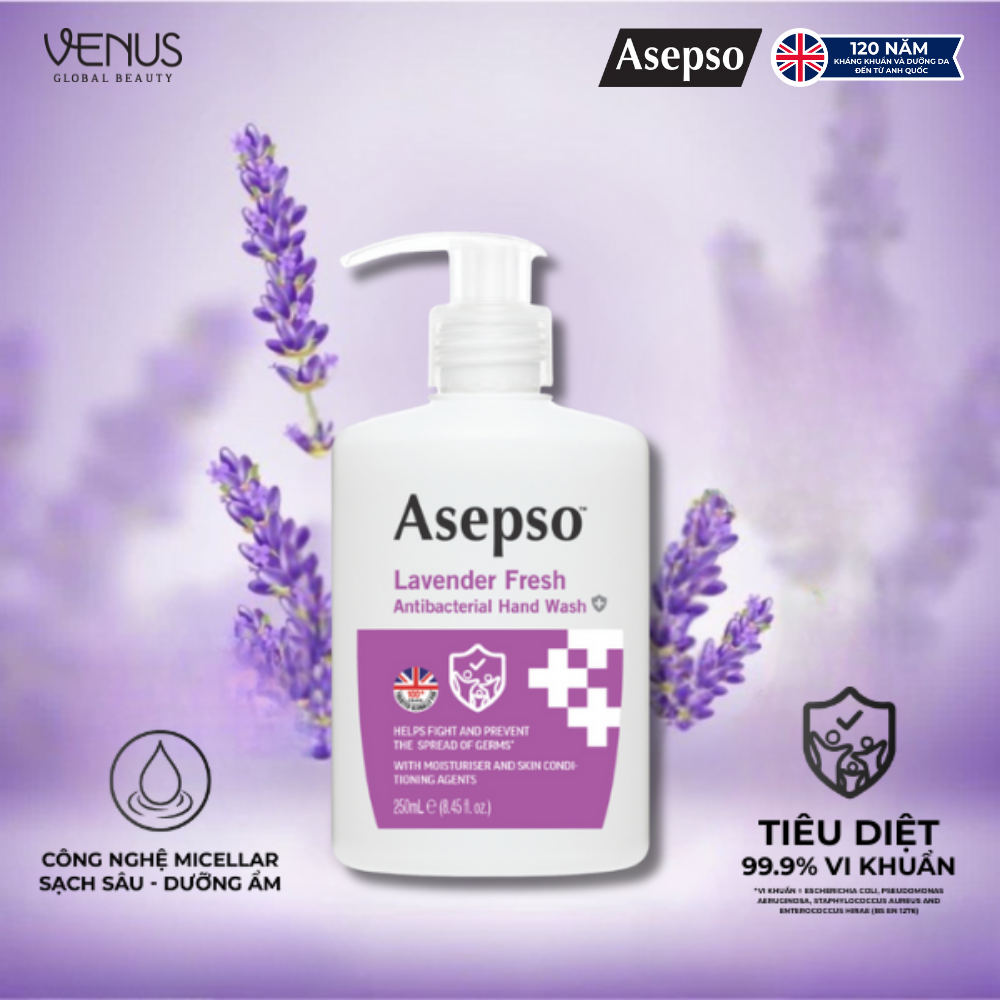 Nước rửa tay kháng khuẩn ASEPSO dịu nhẹ không khô da Hương Lavender 250 ml