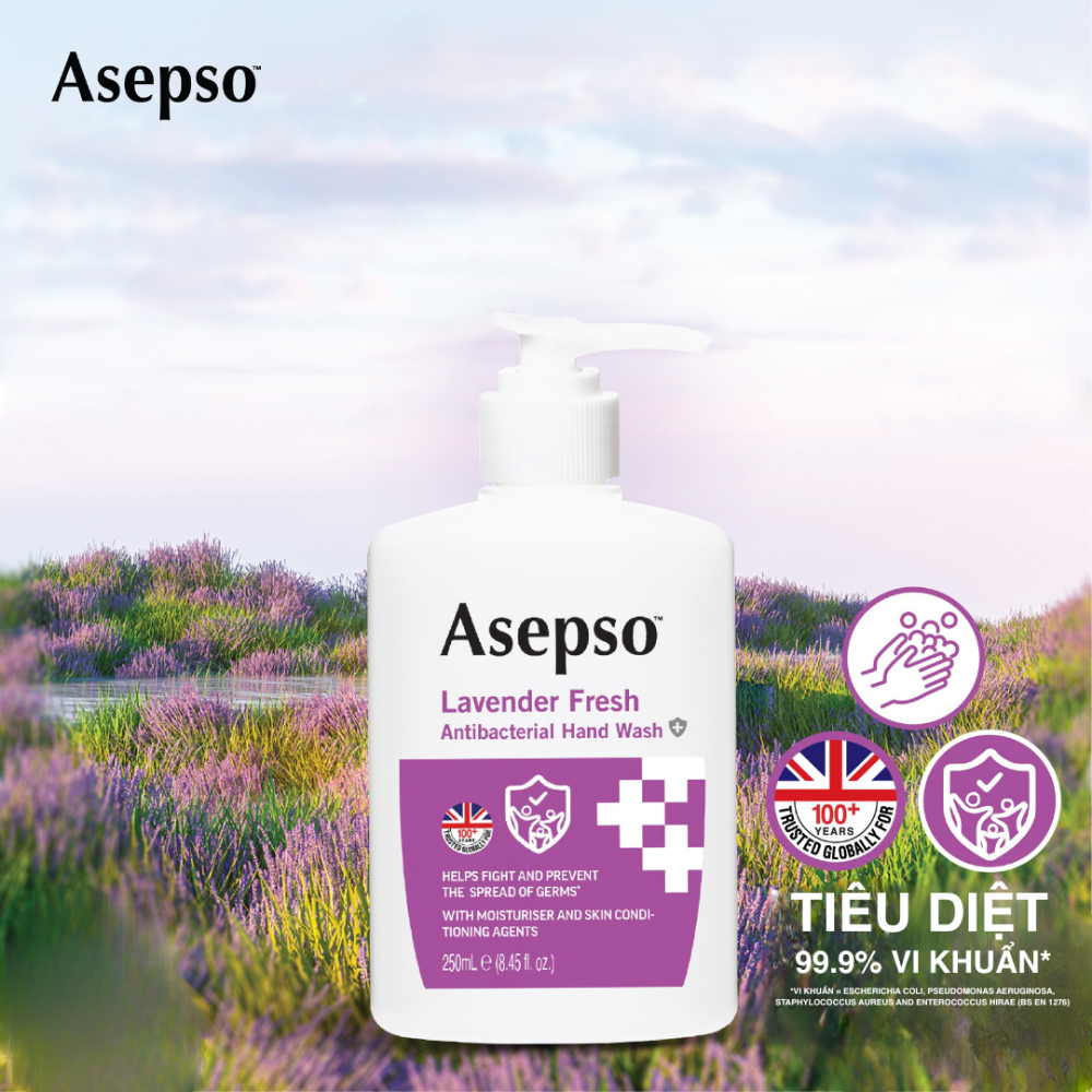 Nước rửa tay kháng khuẩn ASEPSO dịu nhẹ không khô da Hương Lavender 250 ml
