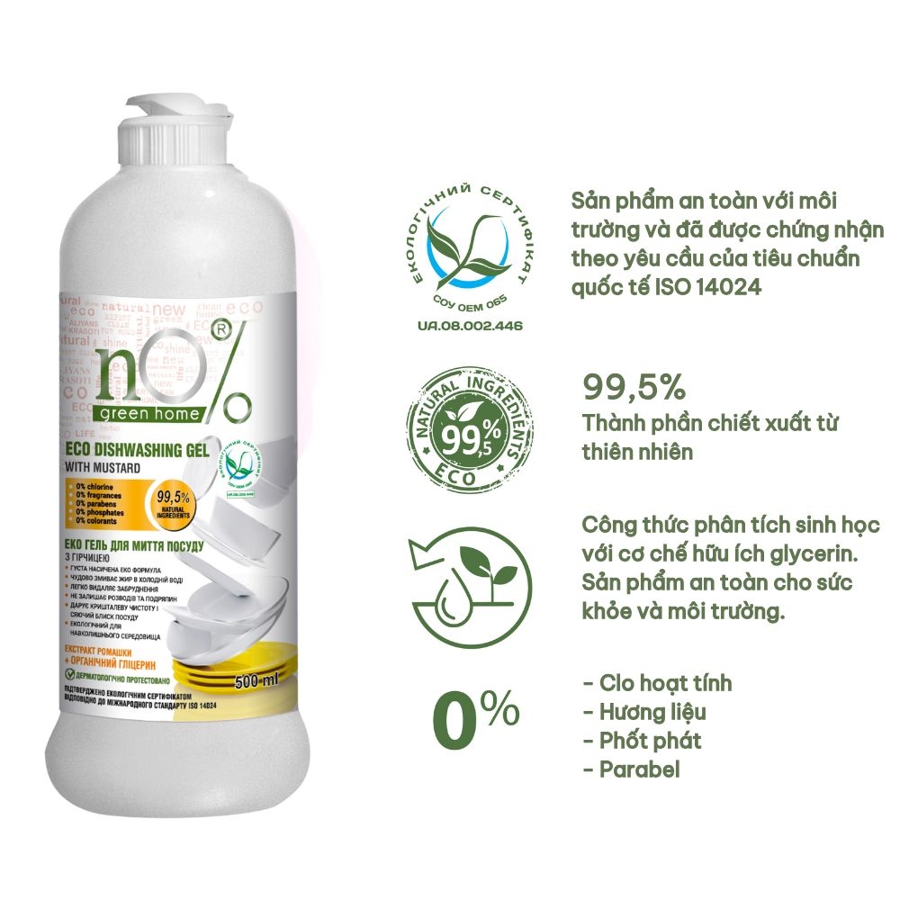 Gel rửa chén bát nO% Green Home Eco với Mù Tạt (500ml)