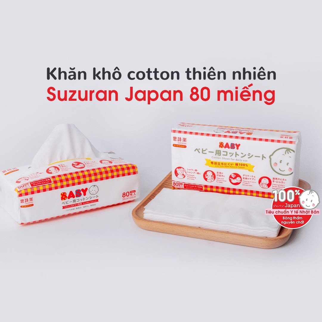 Khăn khô cotton thiên nhiên Suzuran Japan (Hộp 80 miếng)