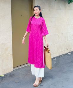 Set Áo dài cổ tròn Gấm hoa Ái Nhiên