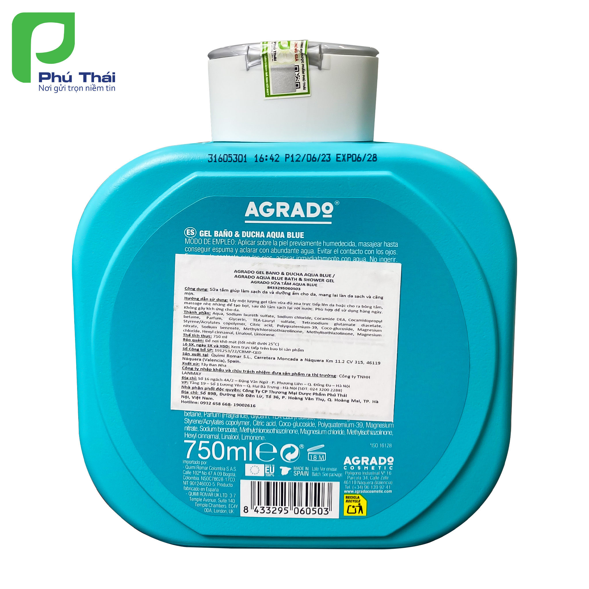 Sữa tắm Agrado Aqua Blue (Chai 750ml) – Hương thơm của hoa jazmin và táo trên nền hổ phách và tuyết tùng