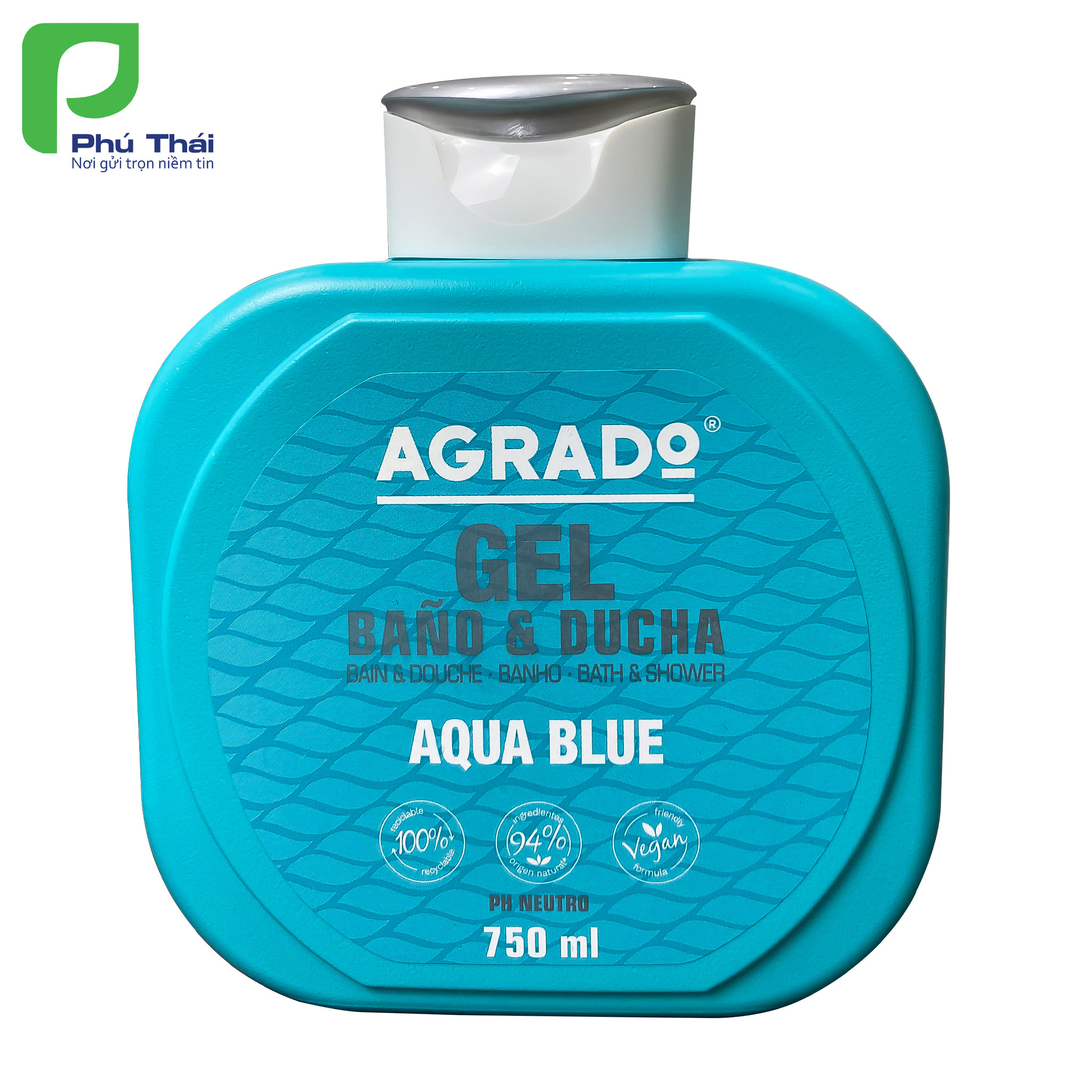 Sữa tắm Agrado Aqua Blue (Chai 750ml) – Hương thơm của hoa jazmin và táo trên nền hổ phách và tuyết tùng