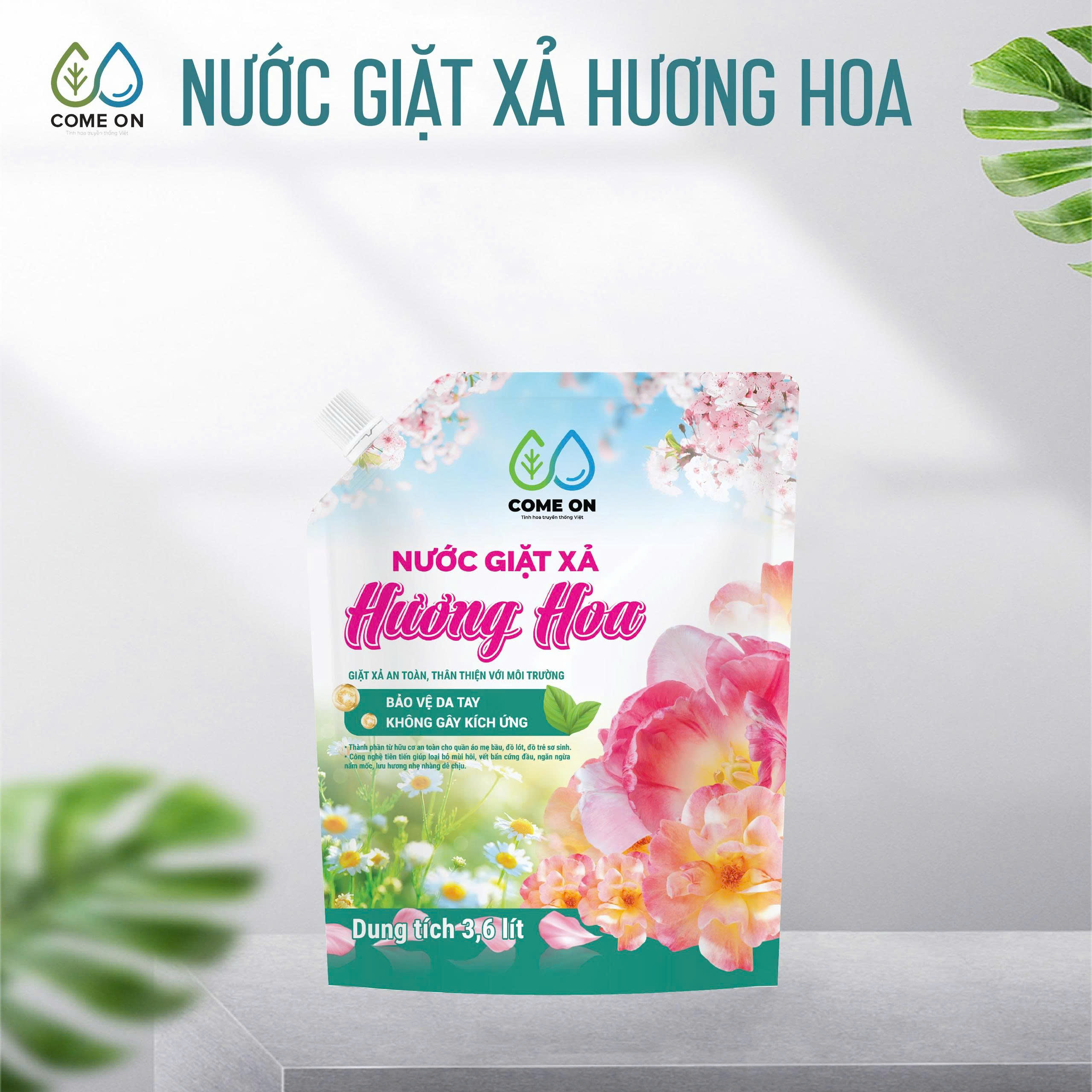 Nước giặt xả hương hoa COME ON giặt sạch, lưu hương dịu nhẹ, an toàn da tay 3.6 lít