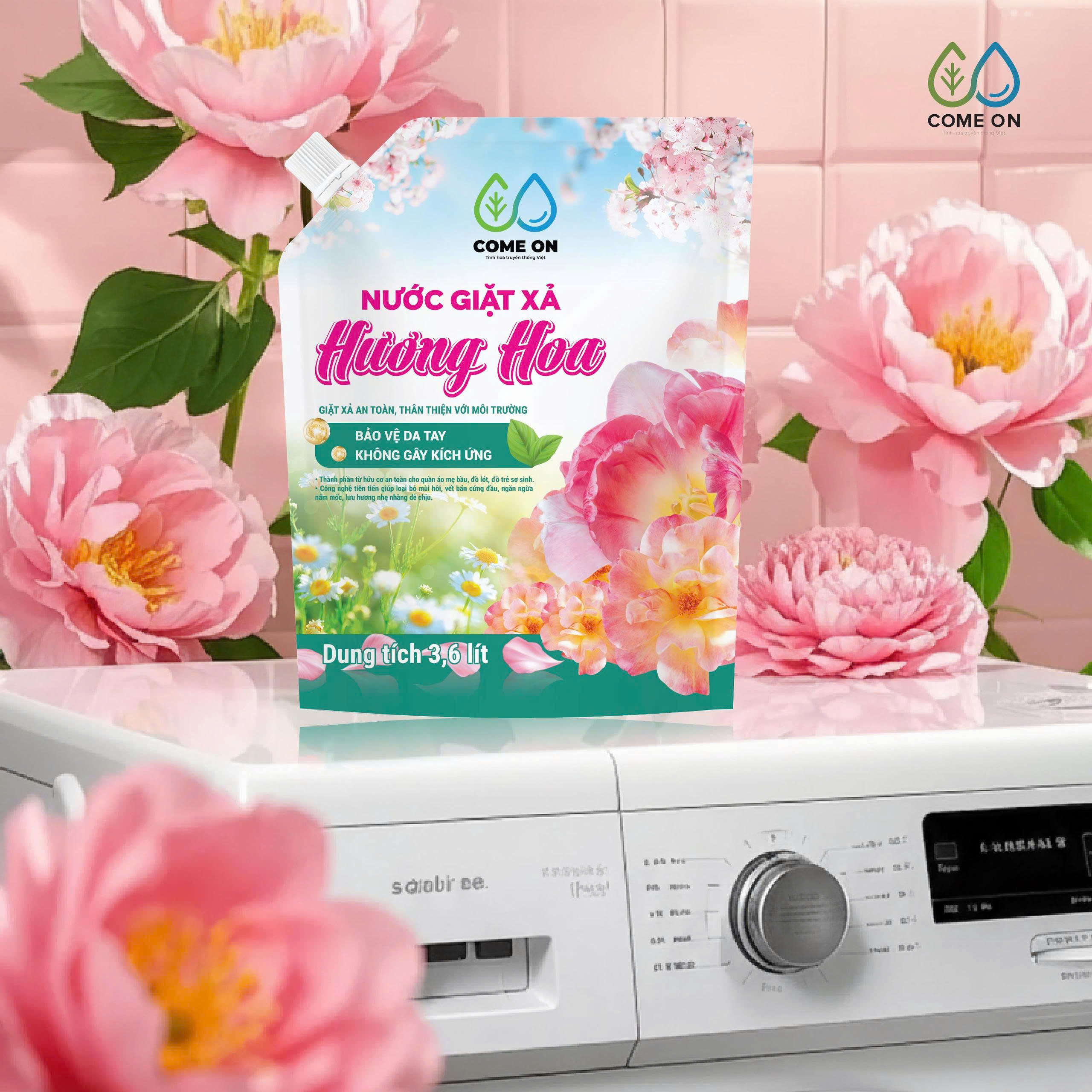 Nước giặt xả hương hoa COME ON giặt sạch, lưu hương dịu nhẹ, an toàn da tay 3.6 lít