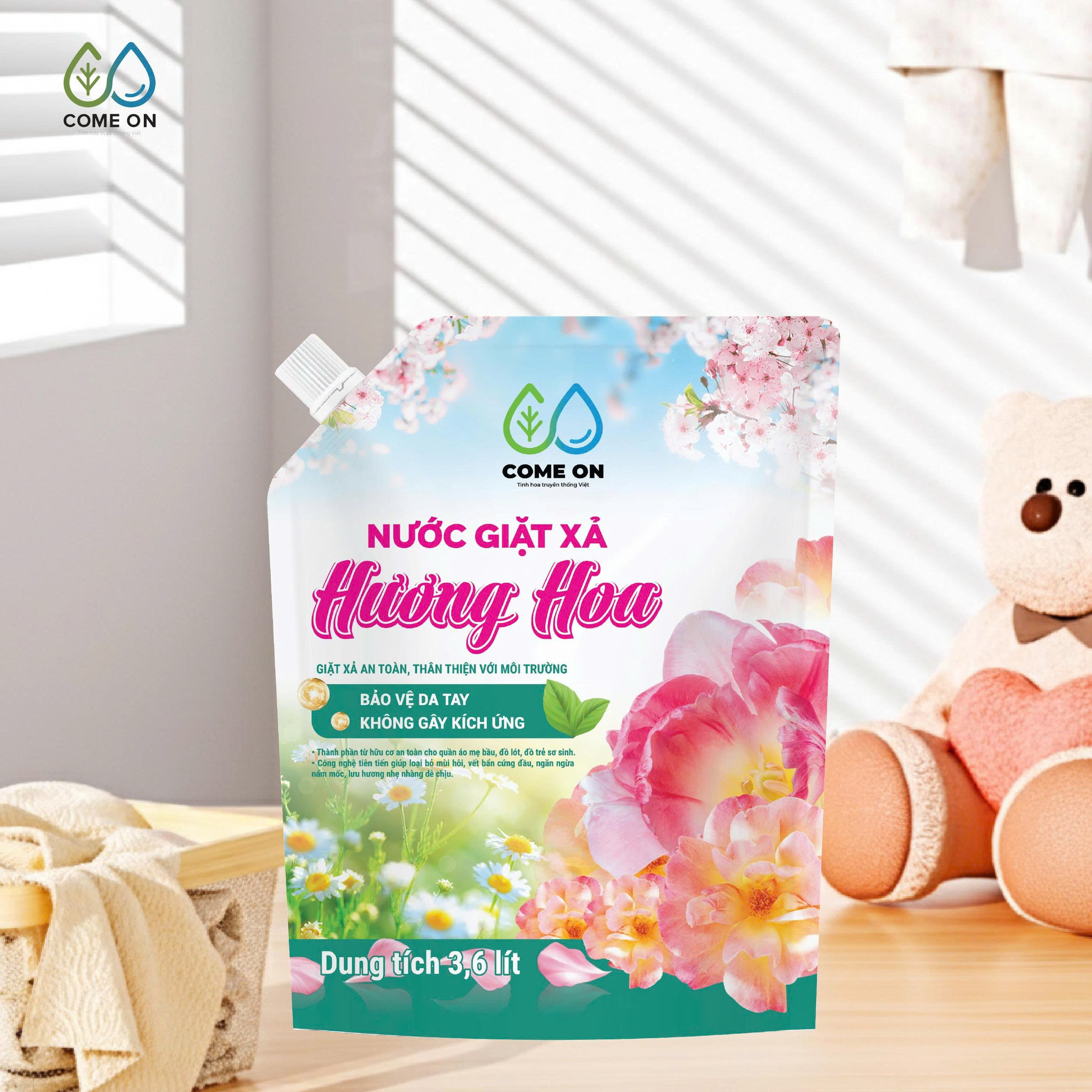 Nước giặt xả hương hoa COME ON giặt sạch, lưu hương dịu nhẹ, an toàn da tay 3.6 lít
