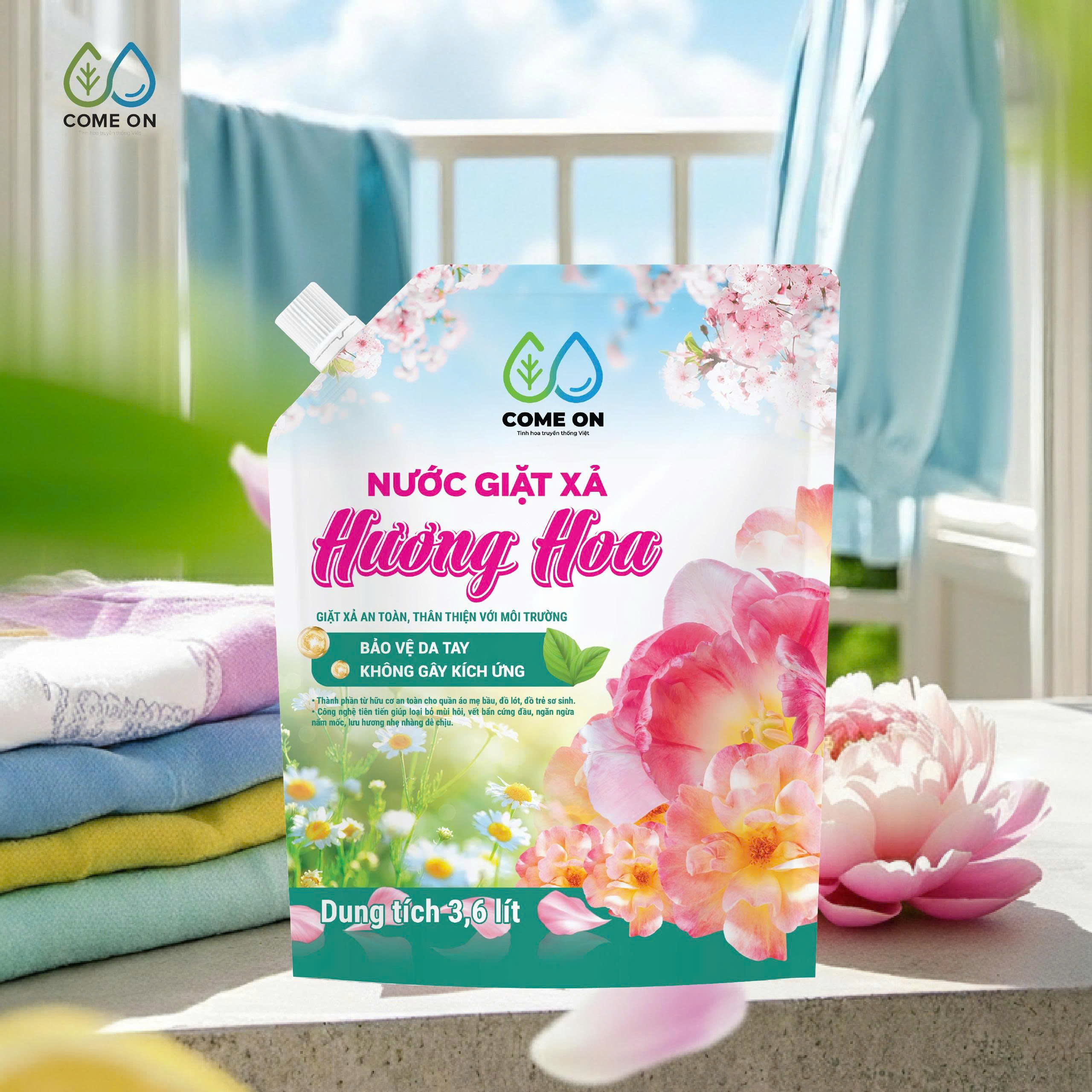 Nước giặt xả hương hoa COME ON giặt sạch, lưu hương dịu nhẹ, an toàn da tay 3.6 lít