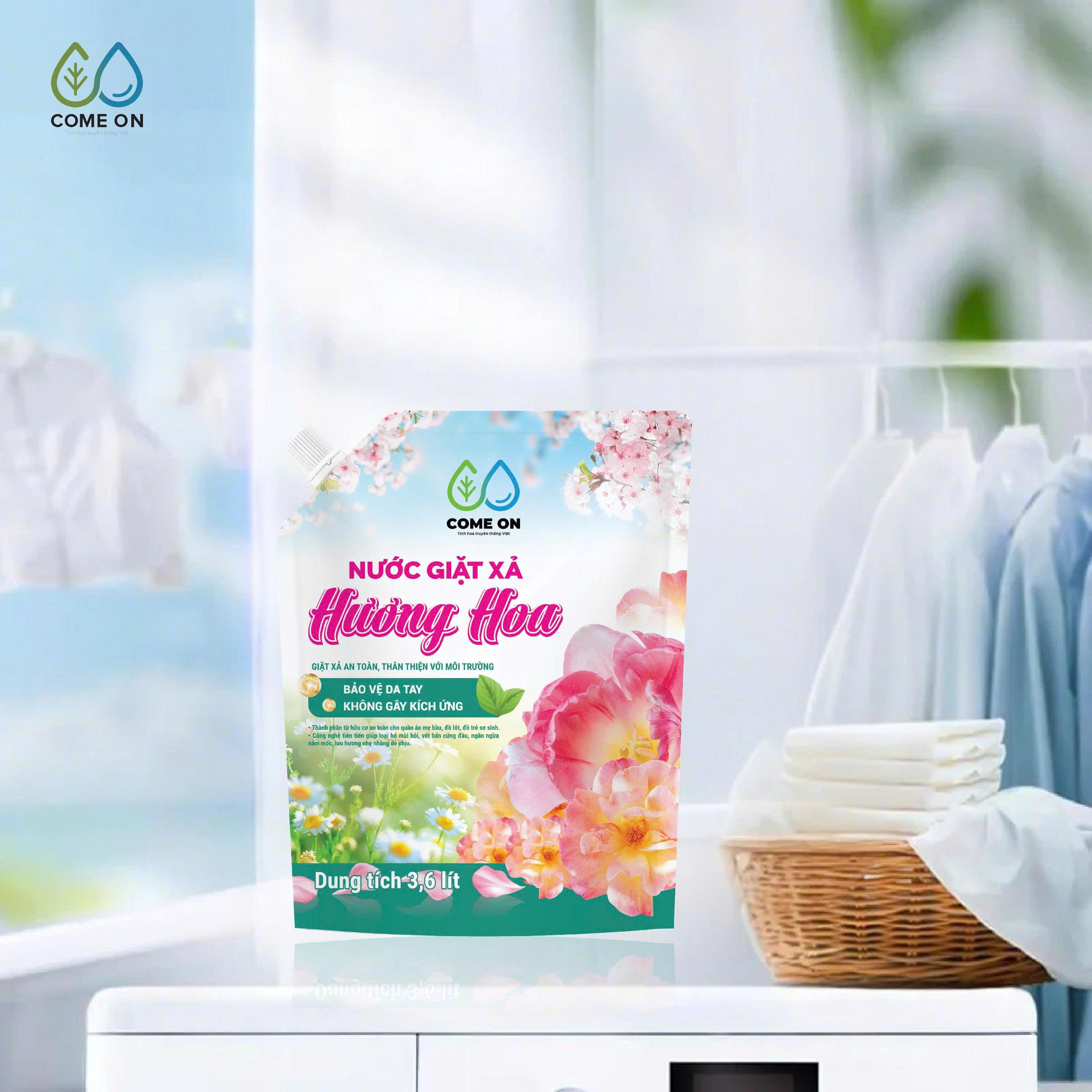 Nước giặt xả hương hoa COME ON giặt sạch, lưu hương dịu nhẹ, an toàn da tay 3.6 lít