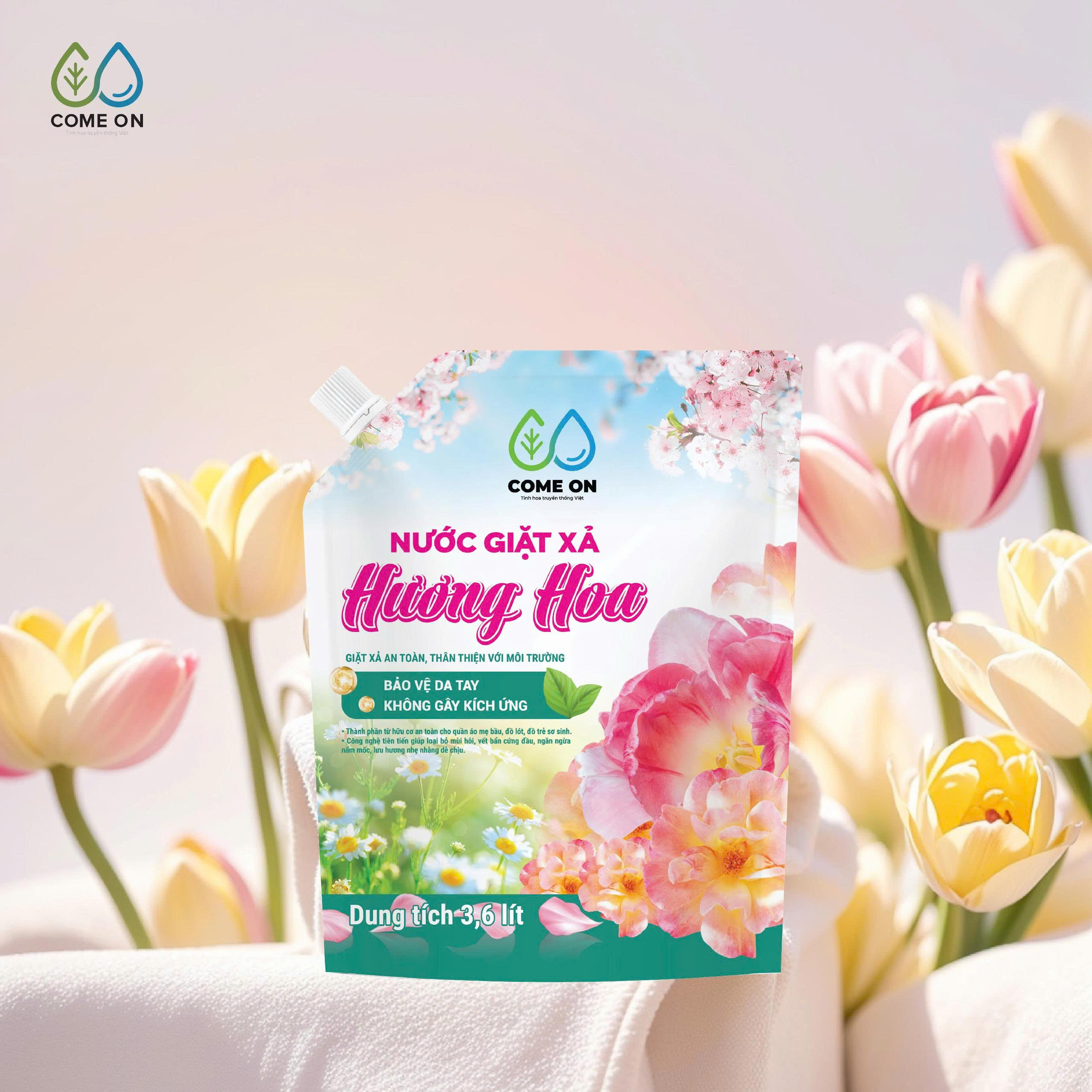 Nước giặt xả hương hoa COME ON giặt sạch, lưu hương dịu nhẹ, an toàn da tay 3.6 lít