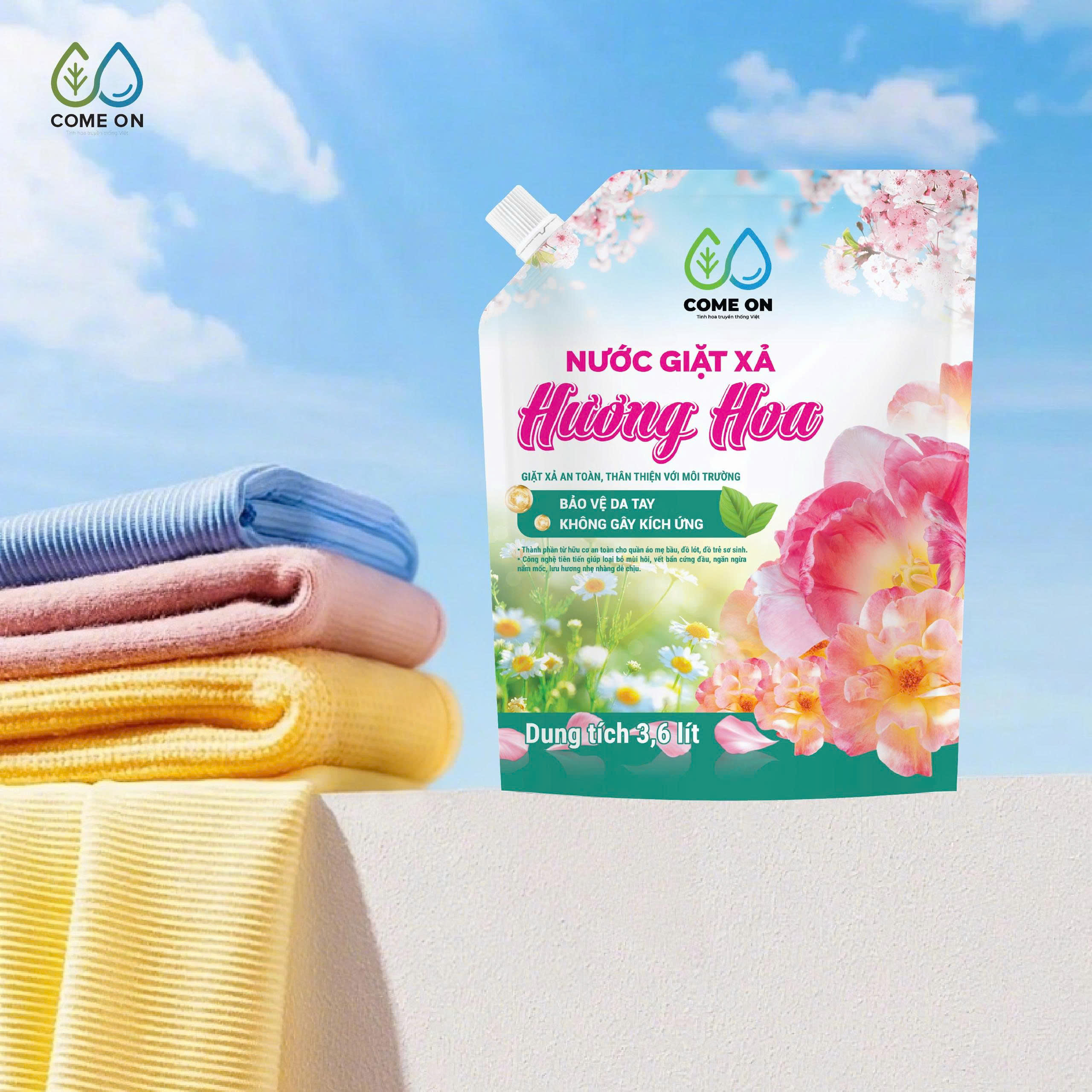 Nước giặt xả hương hoa COME ON giặt sạch, lưu hương dịu nhẹ, an toàn da tay 3.6 lít