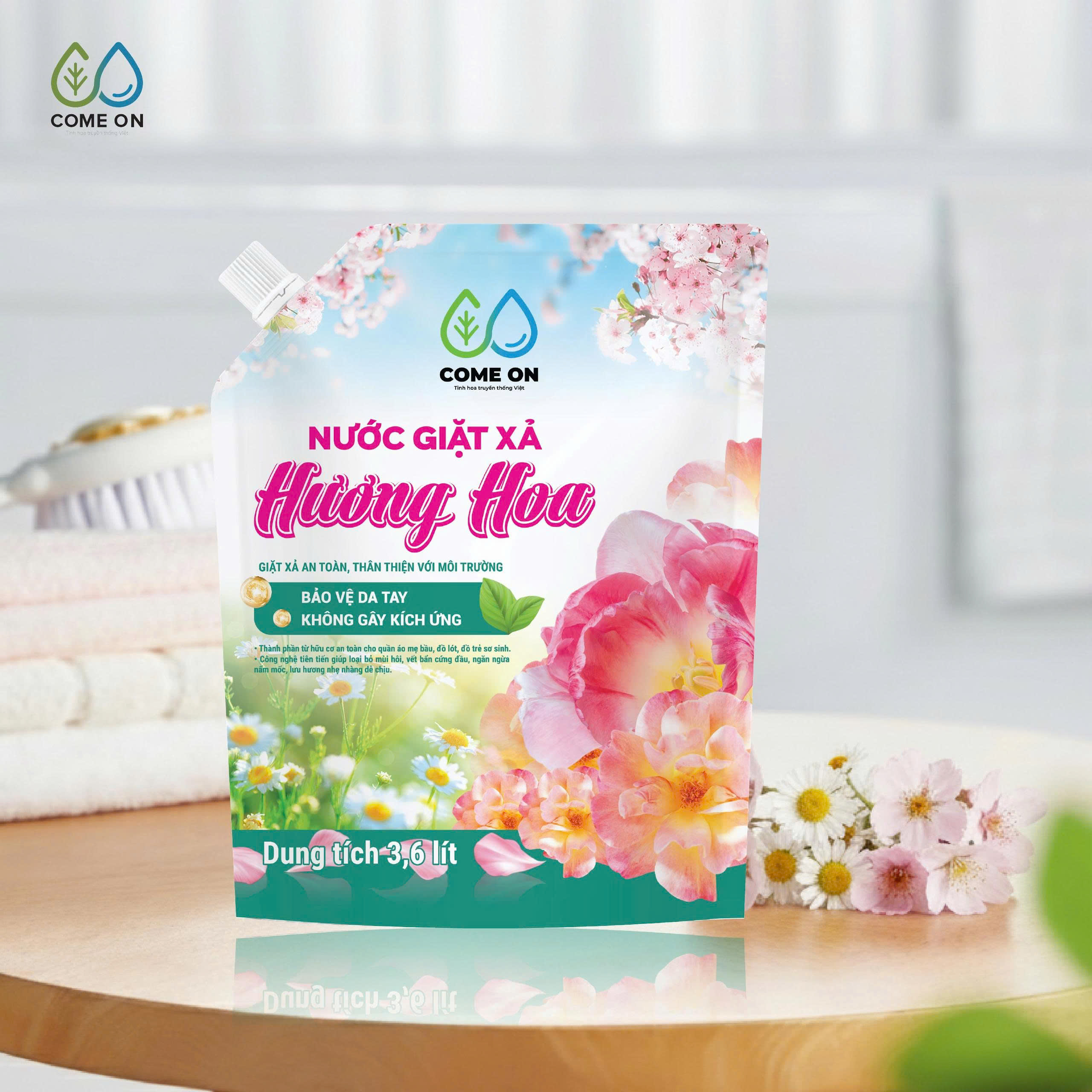 Nước giặt xả hương hoa COME ON giặt sạch, lưu hương dịu nhẹ, an toàn da tay 3.6 lít