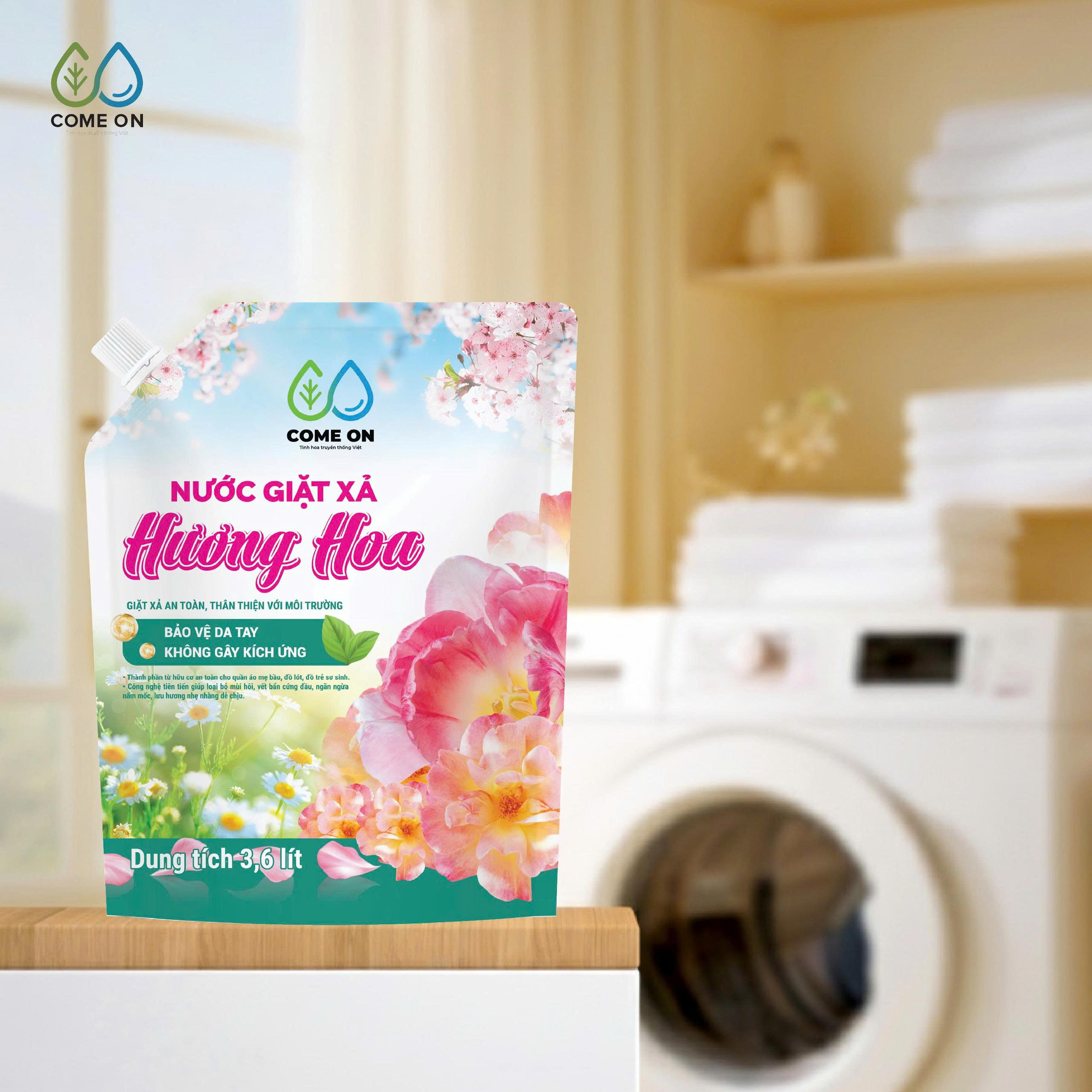 Nước giặt xả hương hoa COME ON giặt sạch, lưu hương dịu nhẹ, an toàn da tay 3.6 lít