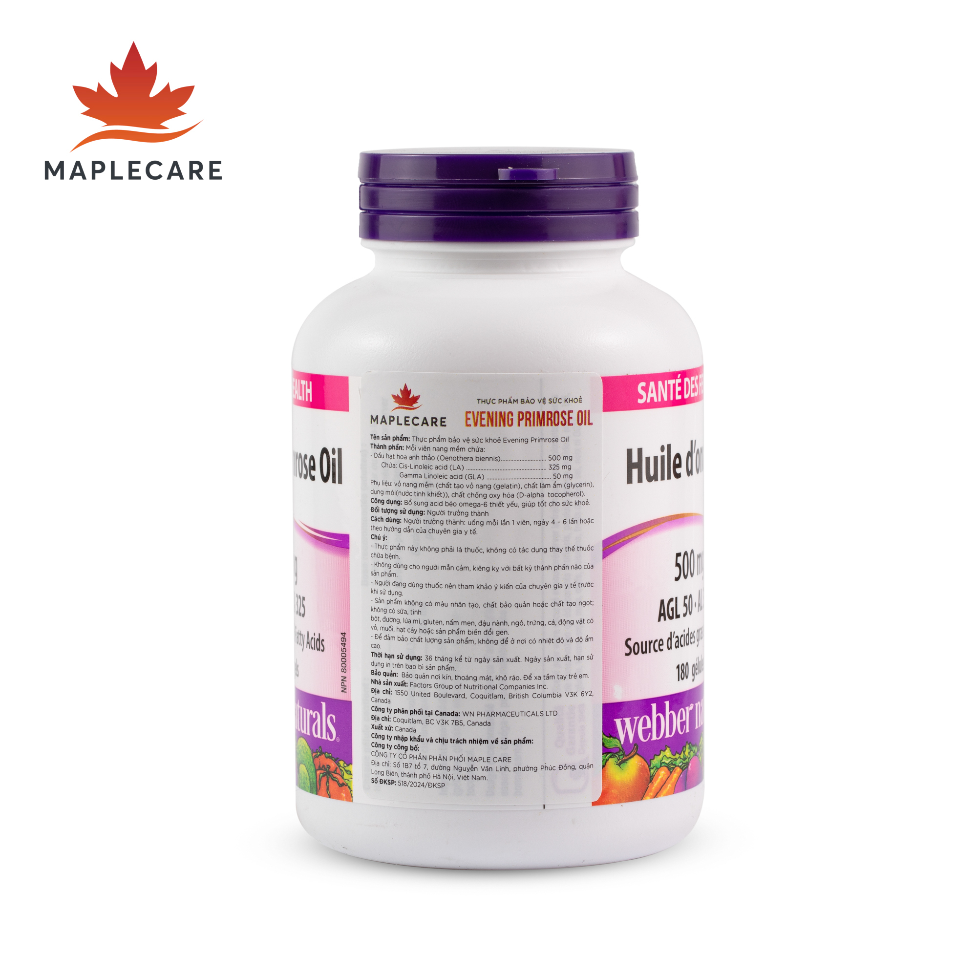 Thực phẩm bảo vệ sức khoẻ WEBBER NATURAL Evening Primrose Oil GLA 50 · LA 325 500 mg (Hộp 180 viên)